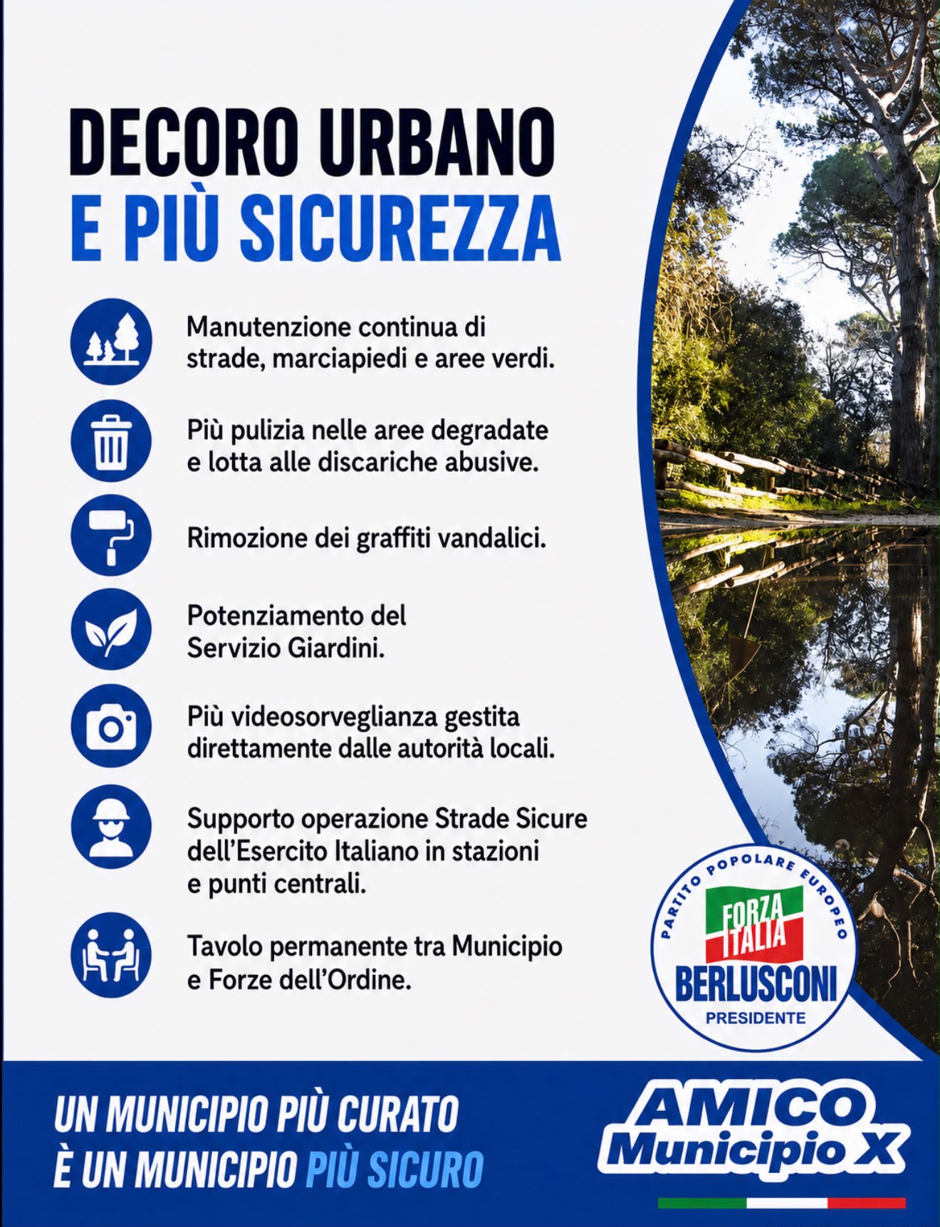 Decoro urbano e più sicurezza: manutenzione strade e verde, pulizia aree degrade, rimozione graffiti, potenziamento Servizio Giardini, videosorveglianza, tavolo con Forze dell'Ordine
